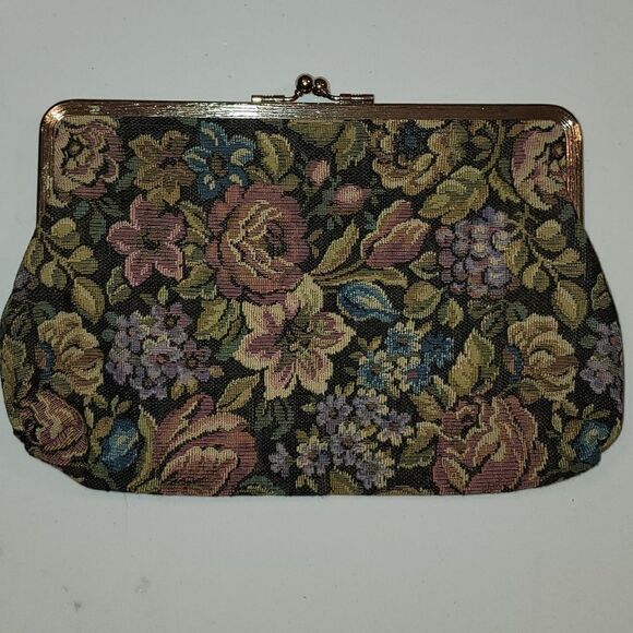 Floral Tapestry Vintage Snap Clutch Bag Lined Hangbag Gold Tone Trim - Picture 2 of 8